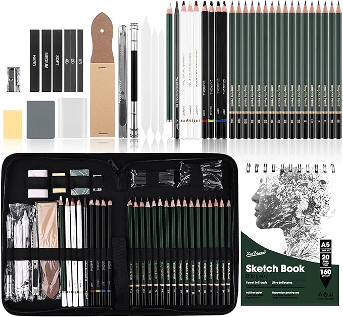 43 Pack Sketch Pencils for Drawing Charcoal Pencil Sketching Set with Sketchbook, Pencils, Charcoal, Graphite and More for Artists, Professionals or Beginners