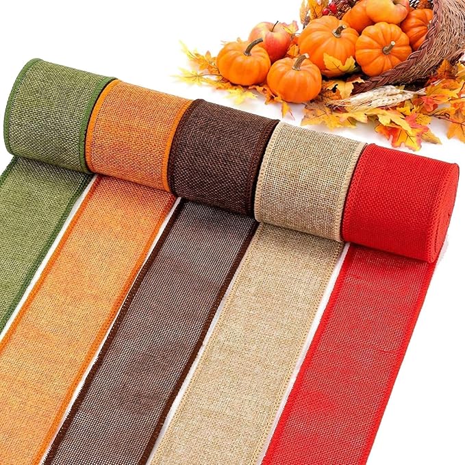 5 Colors Wreaths Burlap Ribbon - Total 27.3yards Fall Wired Edge Ribbon for Gifts Wrapping Bows Rustic Crafts Supplies Weddings Holiday Christmas Xmas Decorations (2.4in Wide)