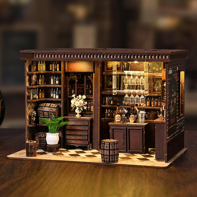 ISSEVE Book Nook Kit - DIY Miniature House Kit for Adults, Teens and Beginners, Corner Tavern Dollhouse Booknook Tiny House Bookshelf Decor 3D Wooden Puzzle, Gifts for Friends Family (Corner Tavern)