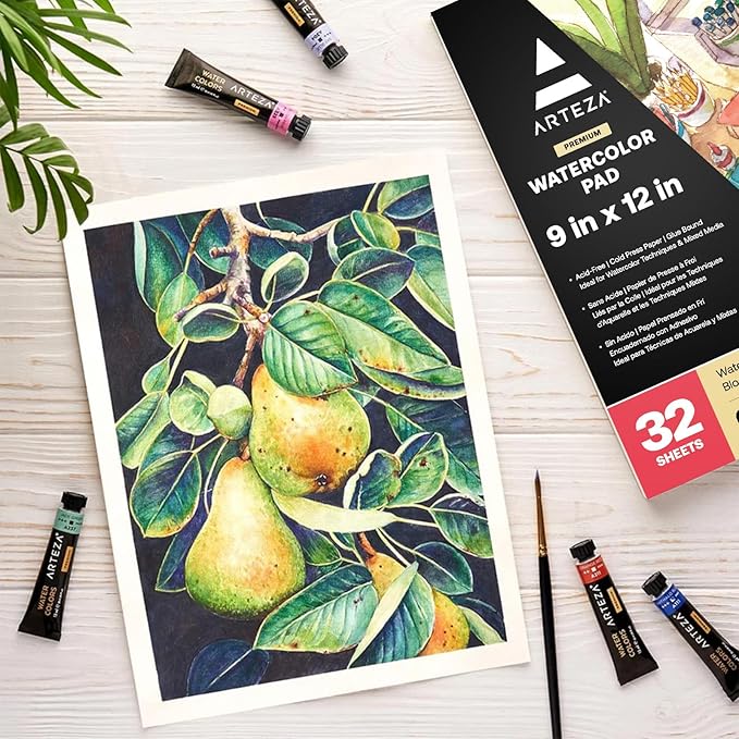 ARTEZA Watercolor Paper, 32 Sheets Each, 9x12 Inch Water Color Paper, 140lb/300gsm, Cold Press, Acid Free Art Paper
