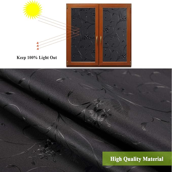 Mikomer Total Blackout Window Film,100% Light Blocking Privacy Glass Door Film Etched Flowers,Room Darkening Window Cling,No Glue/Heat Control/Anti UV for Day Sleep & High Privacy,23.6In. by 118In.