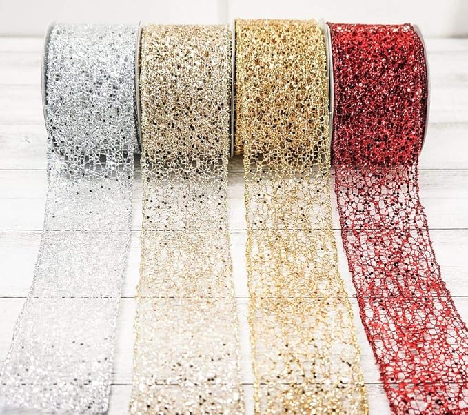 CT CRAFT LLC Sparkling Glitter Mesh Wired Ribbon 2.5" x 10 Yards Gold for Christmas Home Decor Bow Gift Wrapping DIY Crafts Wreath