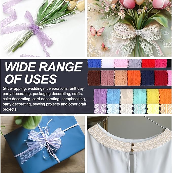 20Pcs 1.18Inch/3CM Wide Colorful Lace Ribbon Floral Lace Ribbon Trim Fabric Sewing Vintage Trims Laces for Craft Sewing Making Gift Wrapping Wedding Decorations