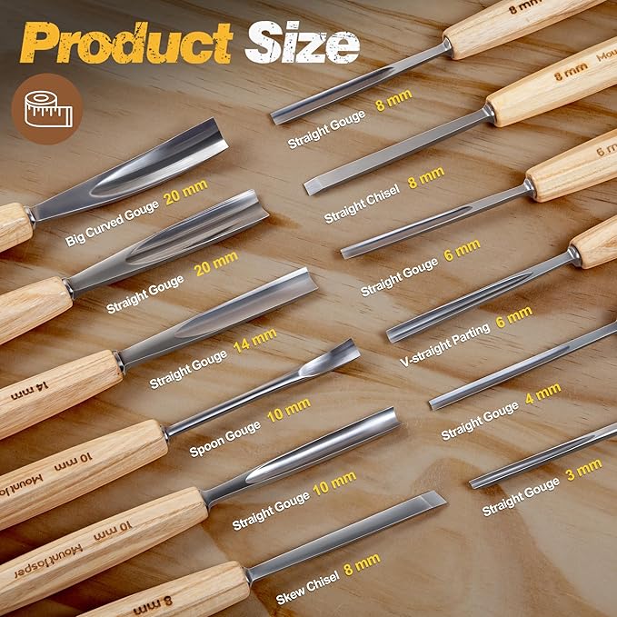 Wood Carving Tools, Wood Carving Kit of 12 Chisels, 1 Nylon Hammer & Leather Bag, CR-V Wood Chisel Set Whittling Kinves Kit, Carving Knife Set for Beginners, Carpenters