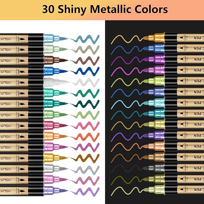 Metallic Marker Pens, 30 Colors Dual Tip Acrylic Paint Pens for Black Paper, Scrapbooking, Photo Album, Rock Painting, Paint Marker for DIY Arts & Crafts, Glass, Wood, Card Making, Scrapbook Supplies