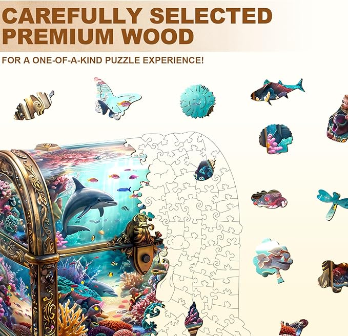 Wooden Puzzles for Adults, Treasure Chest Ocean Wooden Jigsaw Puzzle Unique Shape Animal Wood Puzzles Adult 3D Visual Effect, Birthday Gifts for Puzzle Lovers Family Games (M-11.4 * 11in-190pcs)