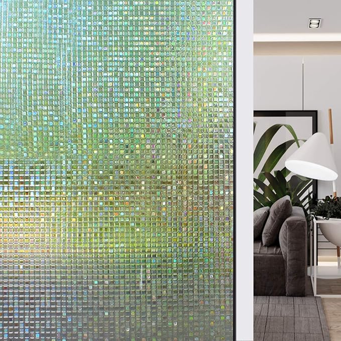 HIDBEA 3D Decorative Window Privacy Film Non-Adhesive Heat Control UV Blocking Static Cling Removable Vinyl Glass Tint for Home and Office, 35.4 inches x 32.8 feet, Mosaic Patterns