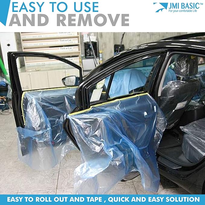 Plastic Sheeting for Car Paint – Assorted 3 Sizes Multi Pack – No Residue Painters Tape with Drop Cloth – Automotive Masking Tape with Tarp Waterproof 65 Feet (94 x 59 x 35 Inch - 3RL)