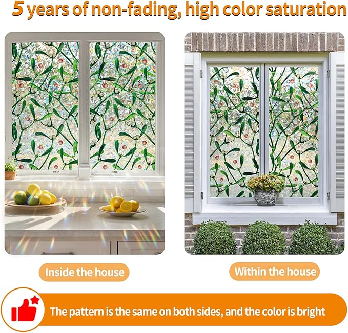 Window Privacy Film Stain Glass Window Film Rainbow Window Film Window clings Non-Adhesive Reusable Decorative for Room (Mistletoe Rainbow, 17.5 x 157.4 in)