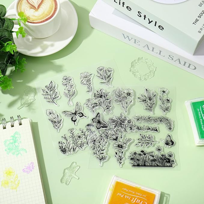 Whaline 5 Sheets Wildflower Clear Stamps Floral Leaves Butterfly Silicone Transparent Stamps for DIY Craft Card Making Scrapbooking Embossing Album Decor