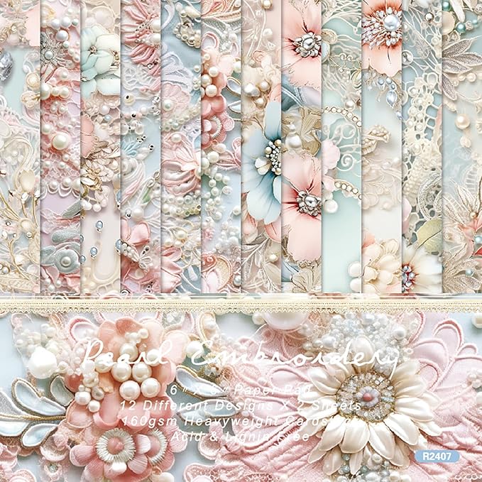 Scrapbook Paper 6X6, Card Making Supplies, Single-Sided Cardstock Paper Pads, Decorative Craft Paper, Pearlescent Bloom Pattern Paper Pack, Decopodge Papers, Scrapbooking junk journal Supplies-24 PCS