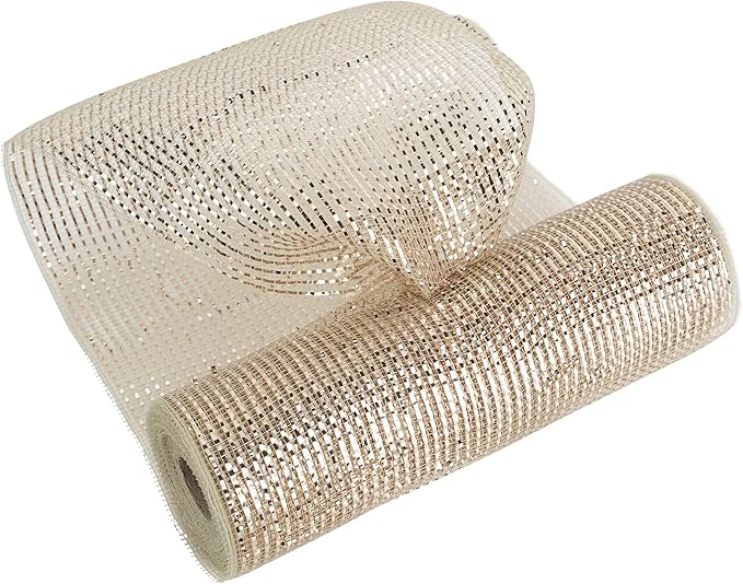 MEEDEE Rose Gold Deco Mesh 10 Inch Rolls Deluxe Wide Foil Metallic Mesh Fabric Rose Gold Mesh Ribbon for Christmas Tree, Wreaths, Garland, Gift Wrapping, Bows Making (30 Feet)