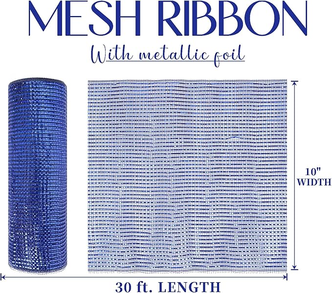 MEEDEE Navy Deco Mesh 10 Inch Deluxe Wide Foil Metallic Royal Blue with Navy Poly Mesh Navy Blue Mesh Ribbon for Christmas Tree, Wreaths, Garland, Gift Wrapping, Bows Making (30 Feet)