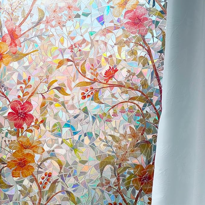 Stained Glass Window Film Static Cling Door Privacy Film Decorative Flowers Red Leaves Window Decals Stickers Heat Control Anti UV for Home and Office,45.2x157 in.