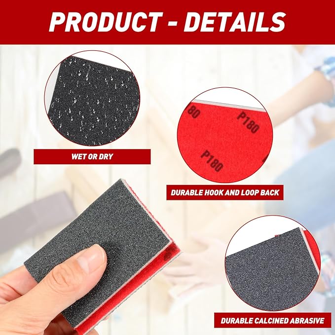 24 Pcs Sanding Sponge 80 Grit, Washable & Reusable Sanding Blocks for Wood, Metal, Drywall, Glazing, Wet Dry Sandpaper for Smooth Finishing