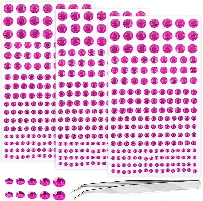 Self Adhesive Face Gems and Pearls for Makeup, Festival Jewels, Hair Gems Pearls, 3/4/5/6/8 mm Round Rhinestone Stickers for Face, Eye, Makeup, Body, Crafts 591Pcs (10_Pink)