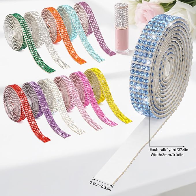 12 Rolls Rhinestone Ribbon Self Adhesive,Mixed Color Bedazzling Kit,0.35" X12 Yard Total Rhinestone Tape for Gift Wrapping Wedding Decor DIY Crafts(12 Colors)