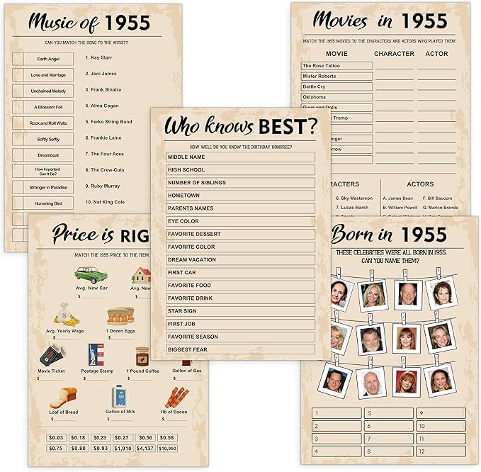 QUPT 70th Birthday Party Games, Set of 5 Activities for 10 Guests, Born in 1955 Games Bundle, Birthday Party Supplies for Adults, Pack of 50 Cards
