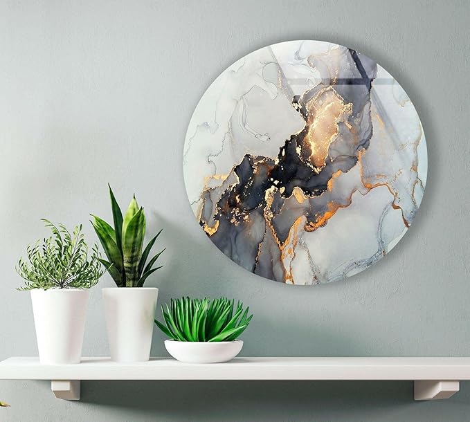 My Photostation.com 31.5''(80cm) Diameter Gold Details Gray Marble Round Glass Wall Art Tempered Glass Printing Wall Decor Large Wall Art Wall Hangings
