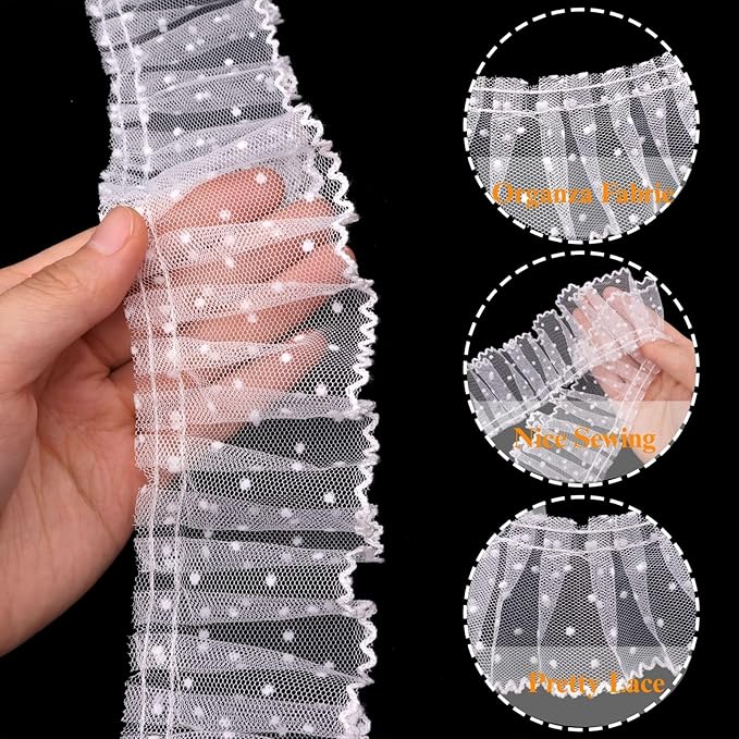 Dots Lace Ruffle Trim for Sew, Crafts 2.4" x5yd Single Layer Pleated Edge Lace Ribbon (White)