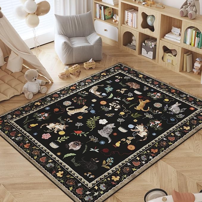 Rugcomf Living Room Rug 6x9 Rug Machine Washable Boho Area Rug Non Slip Floral Animal Cat Vintage Low Pile Large Rug for Living Room Bedroom Farmhouse Dining Room Kids Playroom, Black
