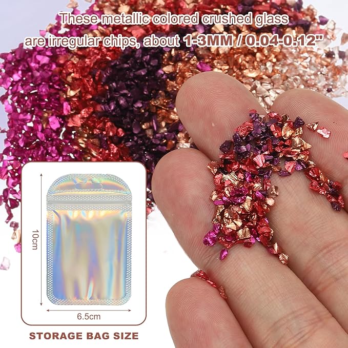 uxcell 6 Colors Crushed Glass Chips, 1-3mm Irregular Glitter Metallic Glass Broken Glasses Pieces with Laser Bag for Craft DIY Vase Epoxy Halloween Decoration 31g, Solid Color