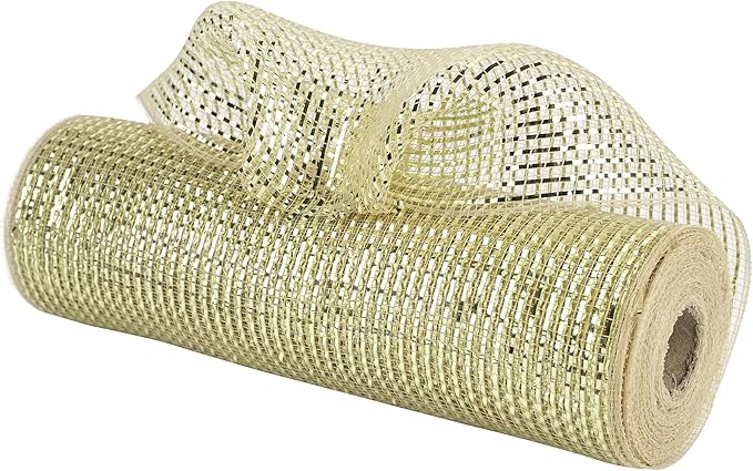 MEEDEE Champagne Deco Mesh 10 Inch Deluxe Wide Foil Metallic Mesh Premium Decorative Mesh Champagne Gold Mesh Ribbon for Christmas Tree, Wreaths, Garland, Gift Wrapping, Bows Making (30 Feet)
