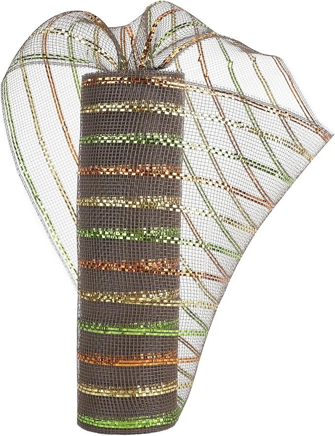 MEEDEE Fall Deco Mesh 10 Inch Rolls Brown Basic Mesh with Deluxe Wide Foil Orange & Yellow & Lime Metallic Striped Deco Mesh for Wreaths, Garland, Christmas Tree, Gift Wrapping, Bows Making (30 Feet)