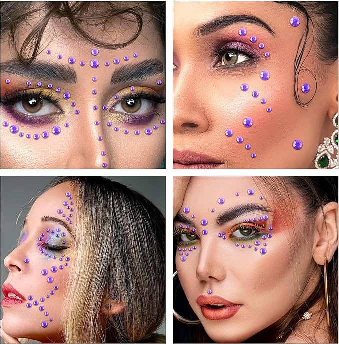 Self Adhesive Face Gems and Pearls for Makeup, Festival Jewels, Hair Gems Pearls, 3/4/5/6/8 mm Round Rhinestone Stickers for Face, Eye, Makeup, Body, Crafts 591Pcs (18_Light Purple)