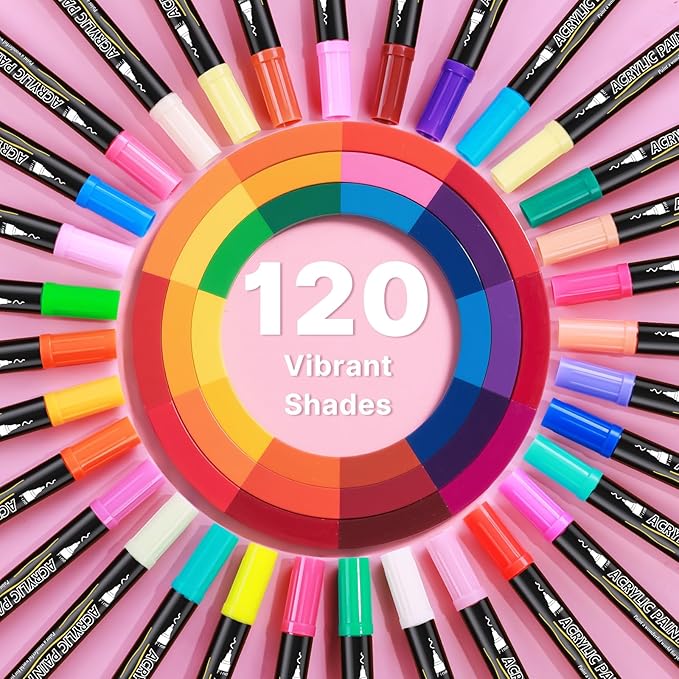 Tongfushop 120 Colors (12 Metallic) Acrylic Paint Marke, Dual Fine & Brush Tip Paint Pens, No Bleed & Quick-Dry with Case for Rock Painting, Canvas, Wood, Ceramic, Glass, Adult & DIY Art Supplies