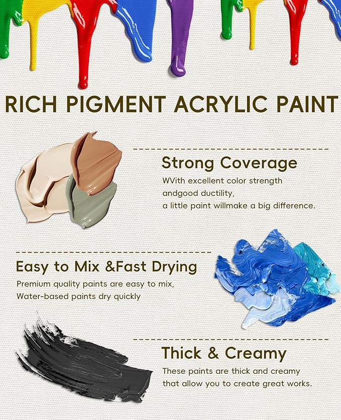 50 Color Acrylic Paint Set, 2oz Bottles, Rich Pigmented Canvas Paint with 10 Brushes &Palette, Professional Art Supplies Kit for Adults & Kids, Non-Toxic, Suitable for Canvas, Rocks, Wood
