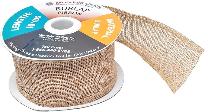 Mandala Crafts Natural Burlap Ribbon 2 Inches Wide Jute Ribbons for Crafts - 20 Yds Roll Rustic Burlap Wrap Trim Ribbons for Wreaths Bows Wedding Party Decoration