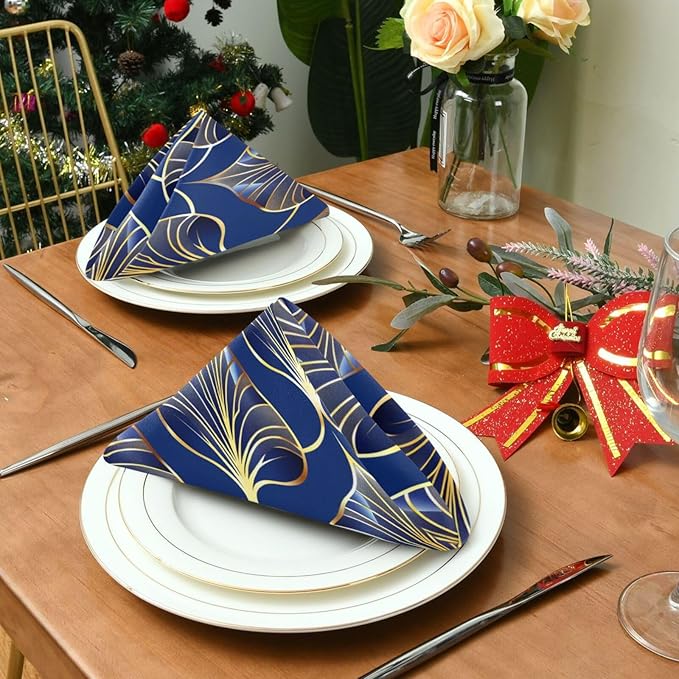 ALAZA Art Deco Floral Royal Blue & Gold Cloth Napkins Set of 6, 20x20 Inch Washable and Reusable Napkin for Decoupage Dinner Party Everyday Use