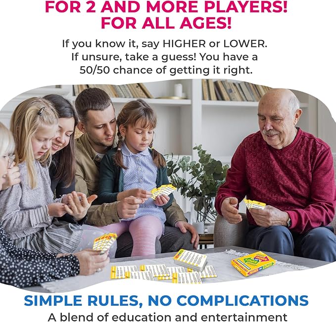 QUOKKA Trivia Board Games for Kids and Adults - Version V2.0 - Family Night Board Game 4xSet Higher or Lower Trivia Cards | Guess Fun Questions | 2 + Players - Challenge Your General Knowledge