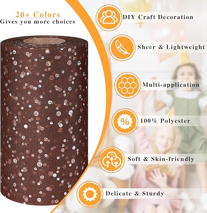 Glitter Tulle Rolls, 6' by 50 Yards (150FT) Sequin Tulle Netting Fabric for Tutu Skirts Sewing Birthday Wedding Party Decoration (Brown)