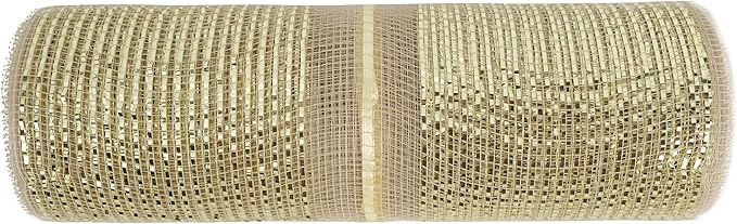 MEEDEE Champagne Deco Mesh 10 Inch Deluxe Wide Foil Metallic Pull Up Mesh Champagne Gold Mesh Ribbon for Christmas Tree, Wreaths, Garland, Gift Wrapping, Bows Making (30 Feet)
