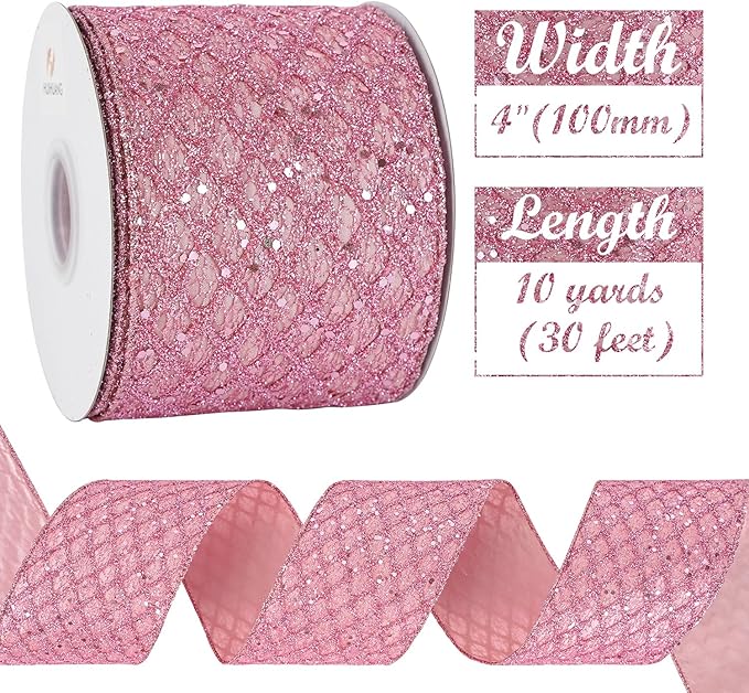 HUIHUANG Pink Wired Christmas Ribbon 4 inch Light Pink Glitter Wired Ribbon Diamond Mesh Wire Ribbon for X-mas Tree Decorations, Wreaths, Garland, Large Bows Making, Home Decor -10 Yards