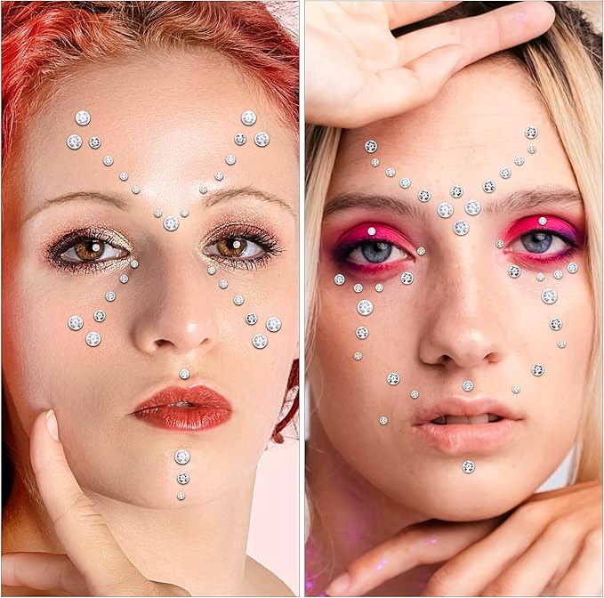 Self Adhesive Face Gems and Pearls for Makeup, Festival Jewels, Hair Gems Pearls, 3/4/5/6/8 mm Round Rhinestone Stickers for Face, Eye, Makeup, Body, Crafts 591Pcs (21_Laser Clear)