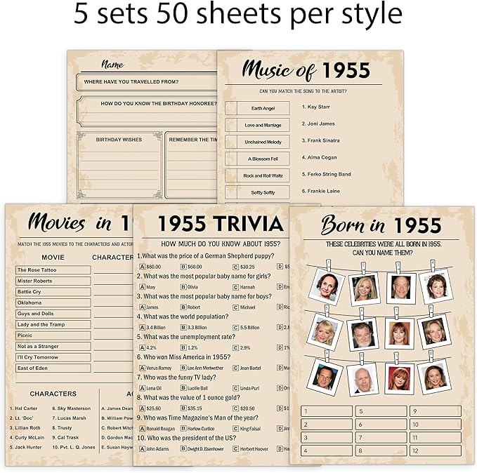 70th Birthday Party Games, Born in 1955 Games Bundle, Set of 5 Activities for 10 Guests, Birthday Party Supplies for Adults, Pack of 50 Cards
