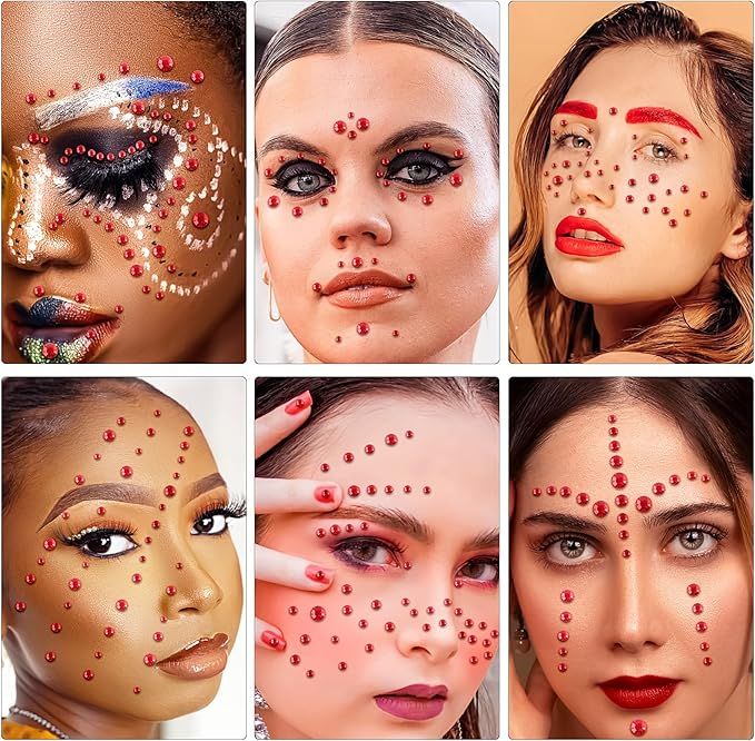 Self Adhesive Face Gems and Pearls for Makeup, Festival Jewels, Hair Gems Pearls, 3/4/5/6/8 mm Round Rhinestone Stickers for Face, Eye, Makeup, Body, Crafts 591Pcs (15_red)