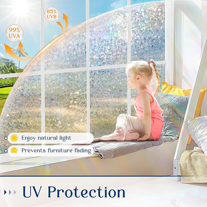Haton Window Privacy Film, Rainbow Stained Glass Window Clings, 3D Decorative UV Sun Blocking Sticker, Removable Static Cling Heat Control Tint for Home Door, 23.6" x 157.4" Non-Adhesive