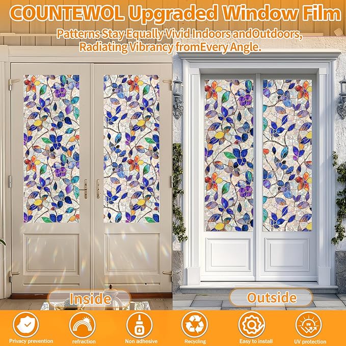Window Privacy Film Stain Glass Window Film Rainbow Window Film Window clings Non-Adhesive Reusable Decorative for Room (Stained Leaf, 35.4 x 78.7 in)