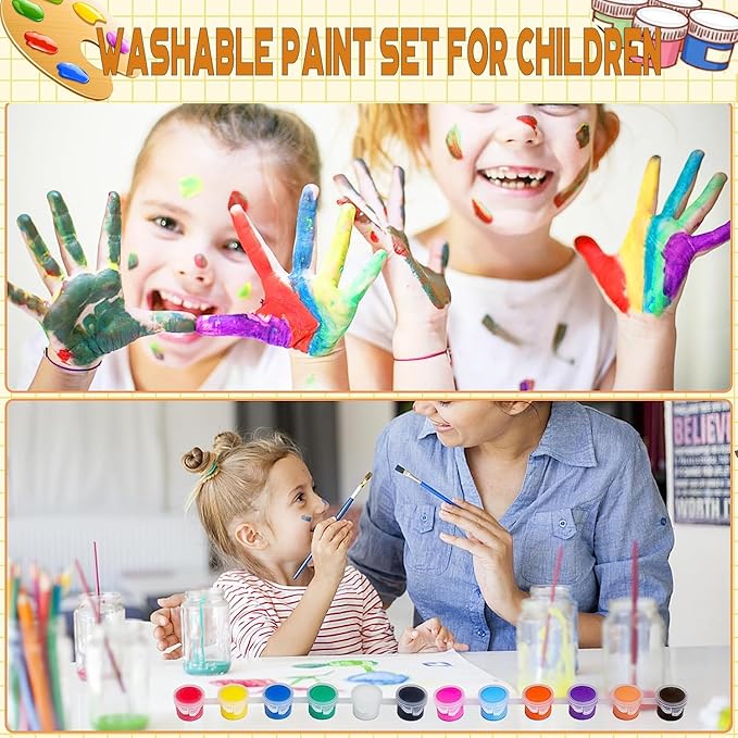 420 Pcs Washable Acrylic Paint for Kids Arts and Crafts, 30 Gouache Watercolor Paint Sets of 12 Colors for Party Classroom Painting Supplies, 30 Flat and 30 Pointed Brushes