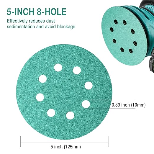 5-Inch 8-Hole Wet Dry Sanding Discs 80/120/180/220/320 Assorted Grits, Polyester Film Backed Heavy-Duty Hook and Loop Sandpaper for Random Orbital Sander, 50-Pack