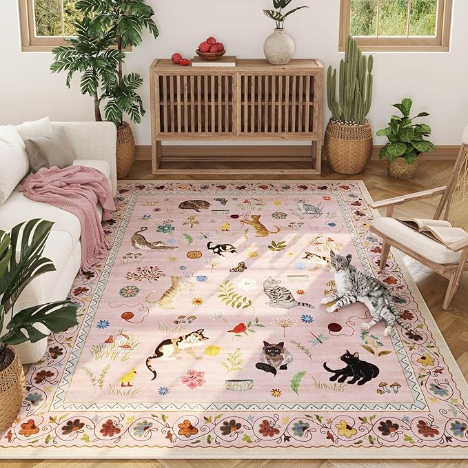 Rugcomf Living Room Rug 5x7 Rug Machine Washable Boho Area Rug Non Slip Floral Animal Cat Vintage Low Pile Large Rugs for Living Room Bedroom Farmhouse Dining Room Kids Playroom, Pink
