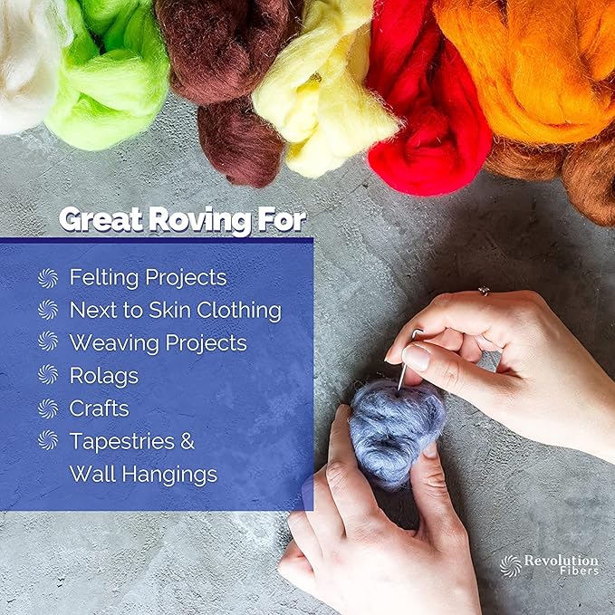 Revolution Fibers Merino Wool Roving | Premium Combed Wool Top | 22 Micron, Perfect for Felting Projects, Spinning, Wall Hangings and Tapestry (Antique)