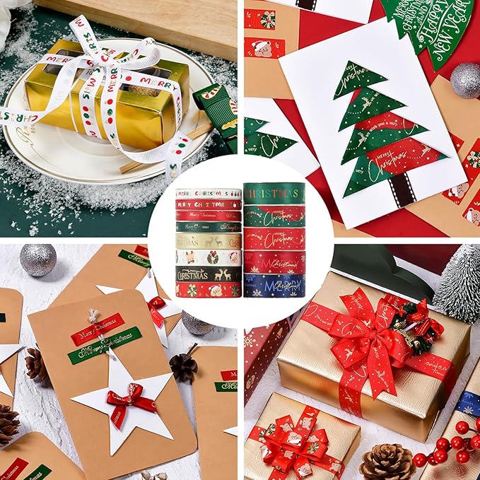 Christmas Gift Wrapping Ribbon, Red, Green, 2 Rolls Printed Grosgrain Ribbons for Crafts, Floral Bouquets, Sewing, Party and Festive Holiday Decor (2 Rolls(Black/Gold), 1 Rolls=5/8in * 5Yards)
