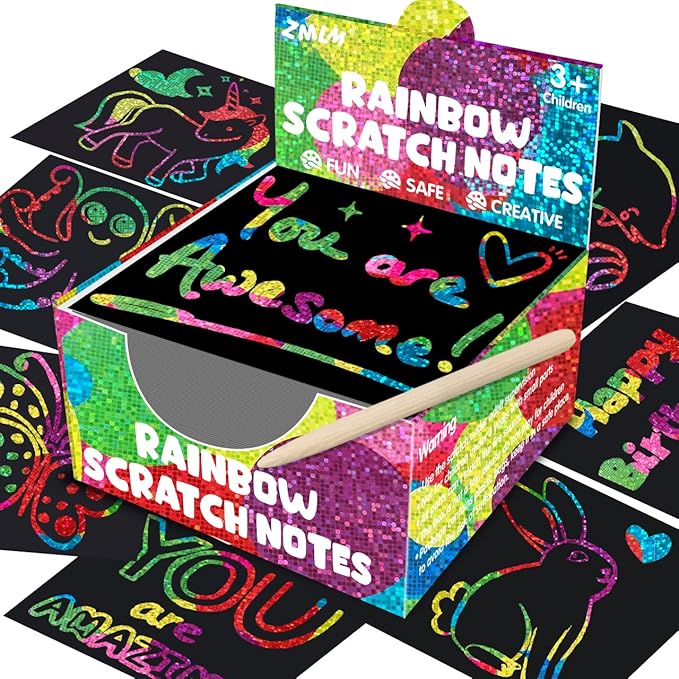 ZMLM 165 Rainbow Scratch Paper Art Crafts Mini Notes Kids Gifts 4 5 6 7 8 9 10 Years Old Girls Boys Students Teens Classroom Prizes School Supplies Birthday Party Travel Toy Gift(Holographic)