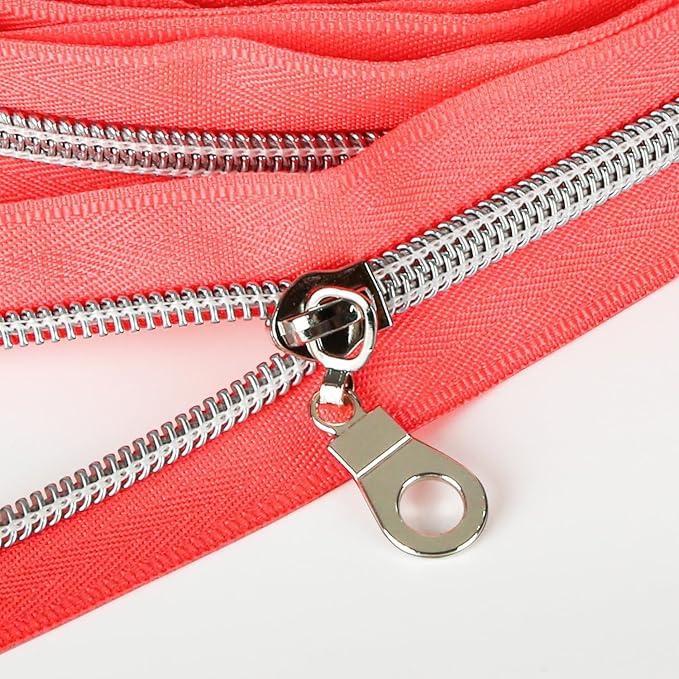 The Yards Pink Nylon Coil Zipper with Silver Teeth - 10 Yards Bulk Replacement Sewing Zipper with 10PCS Sliders for DIY Craft Bags