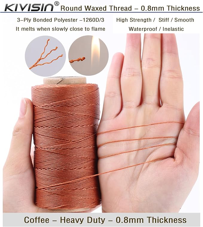 Bonded 0.8mm Round Waxed Polyester Cord, 3-ply Wax Coated Thread, 197 Yards Stiff String for Heavy Duty Fabric, Leather Sewing, Book Binding, Upholstery Repair, and Macrame Jewelry - Coffee